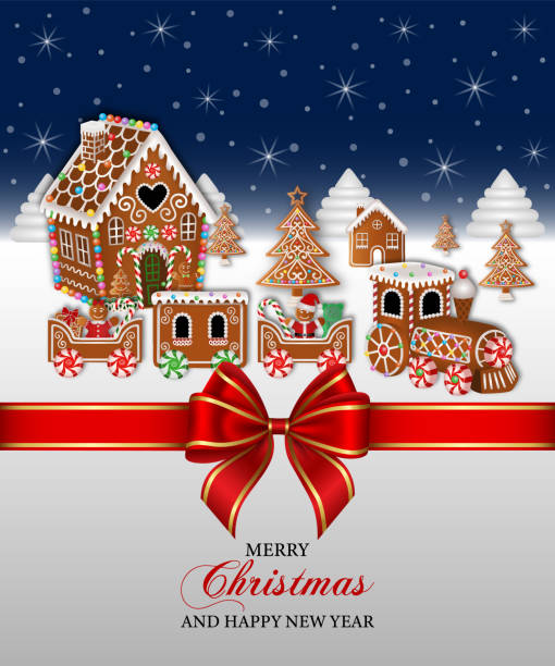 merry christmas background with red bow, gingerbread house, train and trees merry christmas background with red bow, gingerbread house, train and trees vector gingerbread house stock illustrations