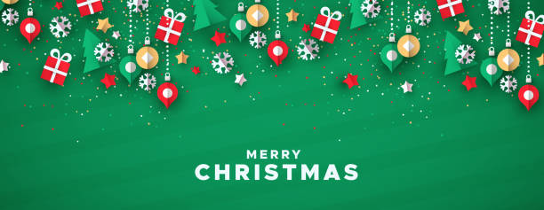 Merry christmas banner of paper art holiday icons Merry Christmas web banner illustration of holiday paper art icons on festive green background. christmas decoration stock illustrations