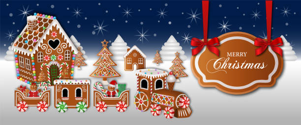 merry christmas banner with gingerbread house and trees merry christmas banner with gingerbread house and trees vector gingerbread house stock illustrations
