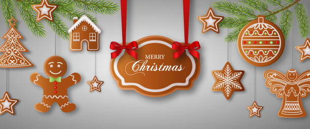 merry christmas banner with gingerbreads and pine branches merry christmas banner with gingerbreads and pine branches vector gingerbread house stock illustrations