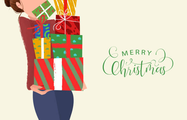 ilustrações de stock, clip art, desenhos animados e ícones de merry christmas card of woman holding gift box - woman holding a christmas gift