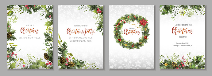 Merry Christmas Corporate Holiday cards, flyers and invitations. Floral festive frames and backgrounds design.