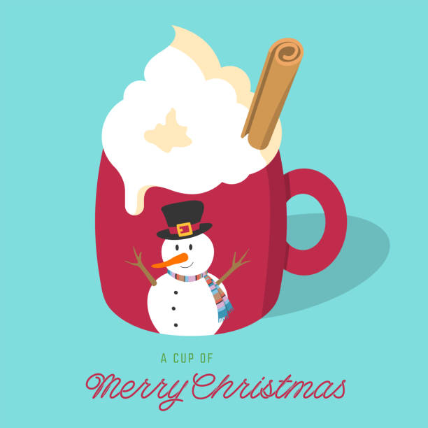 Merry Christmas Eggnog Latte Drink Flat Vector Vector illustration of Christmas eggnog latte drink with whipped cream and cinnamon stick in a red mug with snowman and A Cup of Merry Christmas handwritten style text on light blue background. eggnog stock illustrations