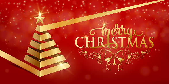 メリー クリスマスの派手な高級ゴールド リボン フラット スタイルのクリスマス ツリーゴールデン スター - K-popのベクターアート素材や