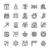 Merry Christmas flat line icons. Pine tree toys, snowflake, presents on sleigh, card, sparkler, winter house, sweater, decoration vector illustrations. Pixel perfect 48x48. Editable Strokes