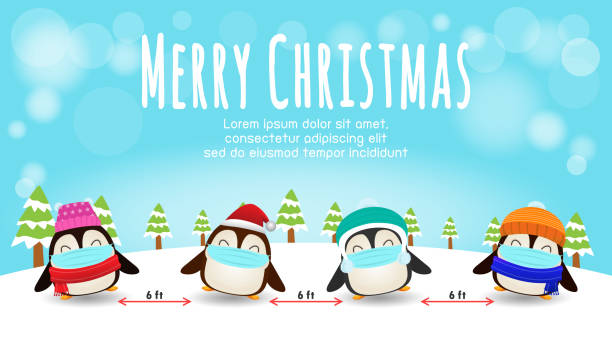 新しい通常のライフスタイルの概念と社会的な離散のためのメリークリスマス、雪のシーン冬のバナーでコロナウイルスcovid-19を保護する外科マスクを持つペンギンのかわいい冬のバナー、� - ペンギン点のイラスト素材／クリップアート素材／マンガ素材／アイコン素材