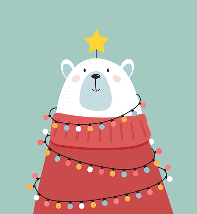 Merry Christmas greeting card, banner. White polar bear looking like a xmas tree, vector cartoon illustration
