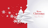 Christmas Tree and Snowflake on Red Background. Merry Christmas Greeting card, Paper art vector and illustration,