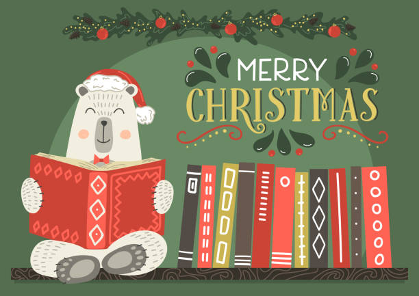 Merry Christmas greeting card Merry Christmas greeting card. Fantasy white bear in Christmas hat reading book with lettering.Vector illustration. christmas story telling stock illustrations
