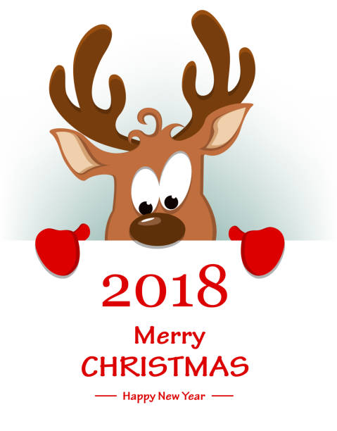 Merry Christmas greeting card with funny reindeer hiding behind placard with greetings Merry Christmas greeting card with funny reindeer hiding behind placard with greetings. Vector illustration on white background rudolph the red nosed reindeer stock illustrations