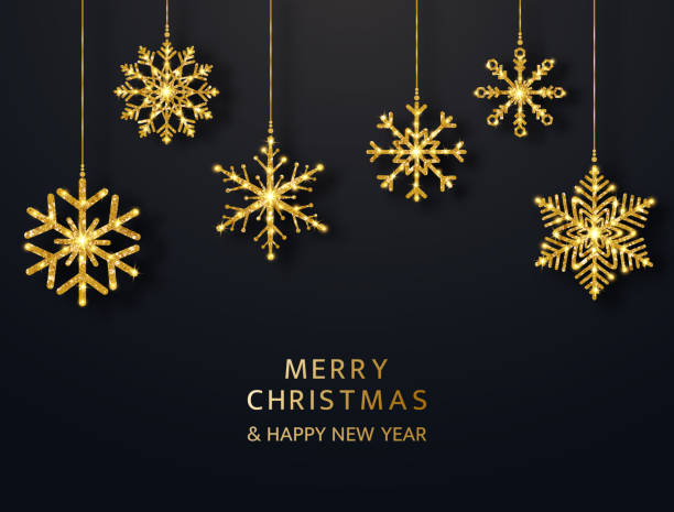 Merry Christmas greeting card with hanging glitter snowflakes. Bright gold baubles on black background. Luxury holiday design elements. Vector illustration Merry Christmas greeting card with hanging glitter snowflakes. Bright gold baubles on black background. Luxury holiday design elements. Vector illustration. christmas decoration stock illustrations