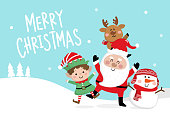 Merry Christmas greeting card with Santa Claus, deer, snowman and little elf. Cute holiday cartoon character vector.