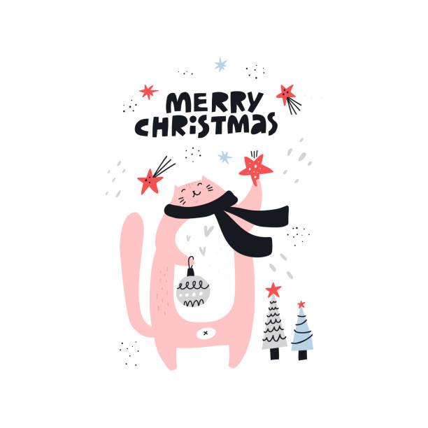 stockillustraties, clipart, cartoons en iconen met merry christmas hand getekende vector belettering - christmas cat