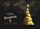 Merry christmas and happy new year fancy gold xmas tree in hipster low poly triangle style. Ideal for greeting card or elegant holiday party invitation. EPS10 vector.