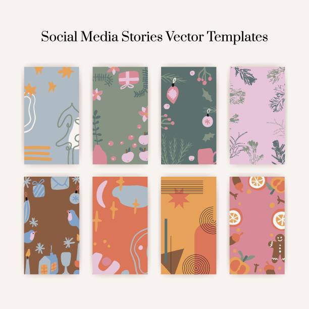 Merry CHristmas & Happy New Year Instagram Stories Vector template. Christmas and Happy New Year. Set of vector vertical backgrounds with abstract elements and shapes in Boho style. Background for mobile app stories minimalist Mid century modern. christmas story telling stock illustrations