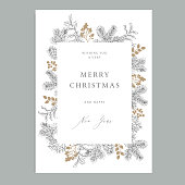 Merry Christmas, Happy New Year vintage floral greeting card, invitation. Holiday frame with evergreen fir tree branches, pine cones and holly berries. Elegant engraving illustration, winter design.