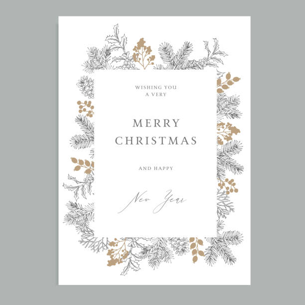 Merry Christmas, Happy New Year vintage floral greeting card, invitation. Holiday frame with evergreen fir tree branches, pine cones and holly berries. Elegant engraving illustration, winter design.  christmas borders stock illustrations