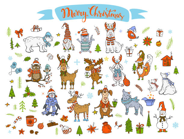 bildbanksillustrationer, clip art samt tecknat material och ikoner med god jul gott nytt år vintern tecknad söt roliga djur i santa hattar halsdukar med presenterar samling. isbjörnar, ren, rådjur, räv, katt, hund, varg, kanin, pingvin, uggla, fåglar, gnome, snögubbe och xmas hand dras dekorationer set - cat snow