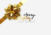 Merry Christmas Holiday background. Handwritten text, realistic textured pattern, pull ribbon golden bow.