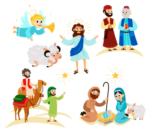 stockillustraties, clipart, cartoons en iconen met merry christmas holiday set van flying angel en verhaal van jezus christus - wiegman