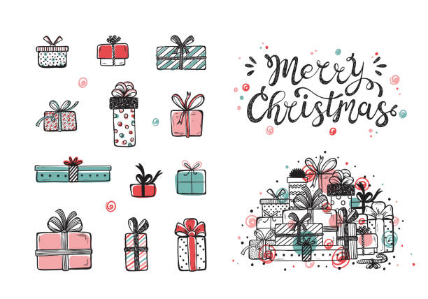 Merry Christmas. Holiday Vector Set of Hand Drawn Doodle Christmas and New Year Gift boxes with hand lettering calligraphic. Xmas greeting Card Template. Happy Winter Holidays poster Merry Christmas. Holiday Vector Set of Hand Drawn Doodle Christmas and New Year Gift boxes with hand lettering calligraphic. Xmas greeting Card Template. Happy Winter Holidays poster gift drawings stock illustrations