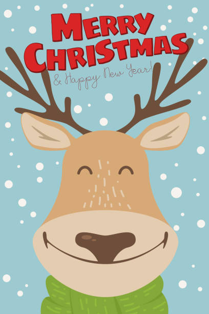 Merry Christmas illustration Merry Christmas and Happy New Year cute illustration. Happy Rudolph reindeer wishes Merry Christmas on snowy background. Vector rudolph the red nosed reindeer stock illustrations