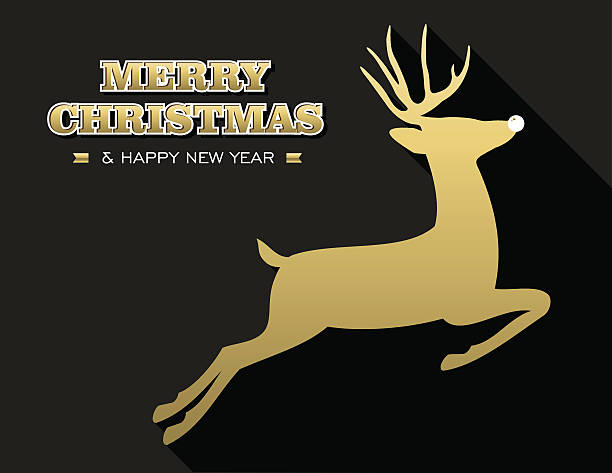 Merry christmas new year gold deer silhouette card Merry Christmas Happy New Year design in gold and black with reindeer silhouette. Ideal for holiday greeting card, poster or web. EPS10 vector. rudolph the red nosed reindeer stock illustrations