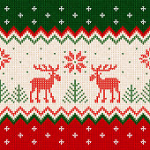 Ugly sweater Merry Christmas and Happy New Year greeting card frame border template. Vector illustration seamless knitted background pattern deers scandinavian ornaments. White, red, green colors.
