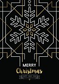 Merry Christmas Happy New Year snowflake frame design in gold art deco retro style. Ideal for elegant holiday party invitation, xmas greeting card or web. EPS10 vector.