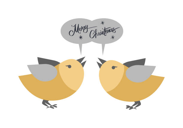 Merry Christmas Pair of Birds Singing Greetings Merry Christmas pair of birds singing greetings on white. Vector illustration of cartoon golden flying animals with grey wings standing face to face and inscription above them in gray oval elements christmas music background stock illustrations