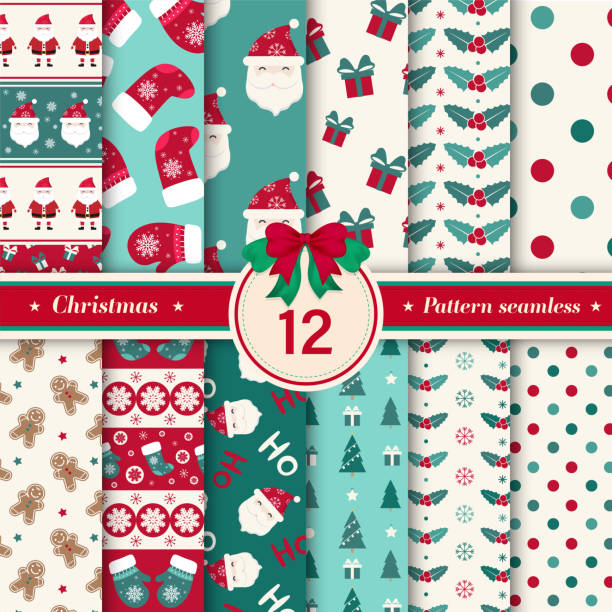 Merry Christmas pattern seamless collection. Set of 12 X-mas winter holiday background . Endless texture for gift wrap, wallpaper, web banner background, wrapping paper and Fabric patterns vector art illustration