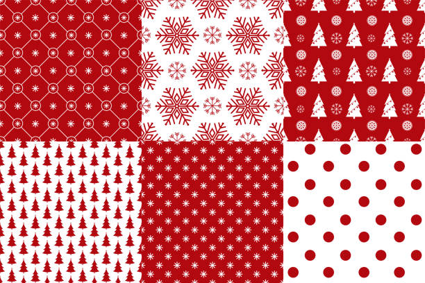 Merry Christmas pattern seamless collection. Set of 6 Xmas background red and white colors. Endless texture for gift wrap, wallpaper, web banner background, wrapping paper and Fabric patterns. vector art illustration