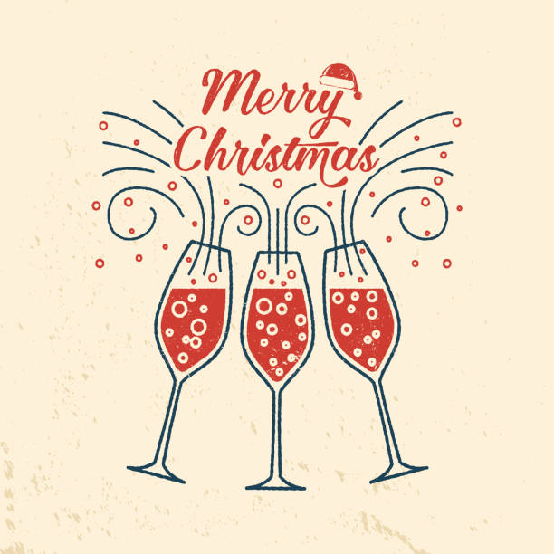 Merry Christmas retro template with Champagne glasses Merry Christmas retro template with Champagne glasses. Vector illustration. Xmas design for congratulation cards, invitations, banners and flyers. champagne clipart stock illustrations