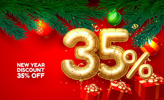 Merry Christmas, sale 35 off ballon number on the red background. Vector
