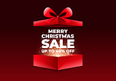 Merry Christmas sale with opened gift box. Surprise. Vector illustration