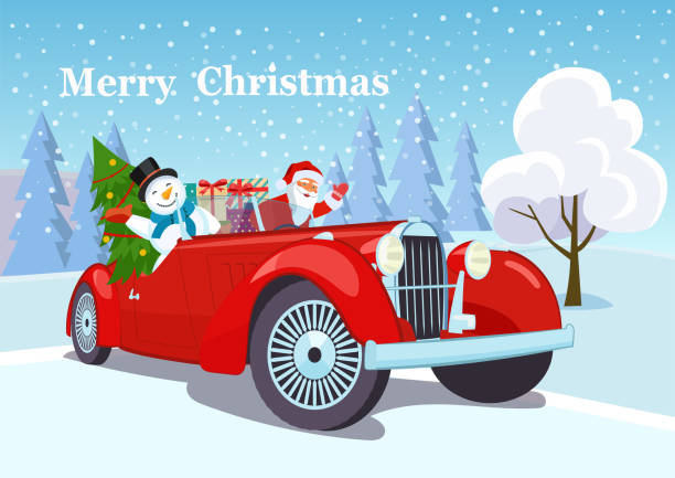 frohe weihnachten stilisierte typografie. vintage rote cabriolet mit santa claus, weihnachtsbaum und schneemann. vektor-flachstil-illustration - lustige autos stock-grafiken, -clipart, -cartoons und -symbole