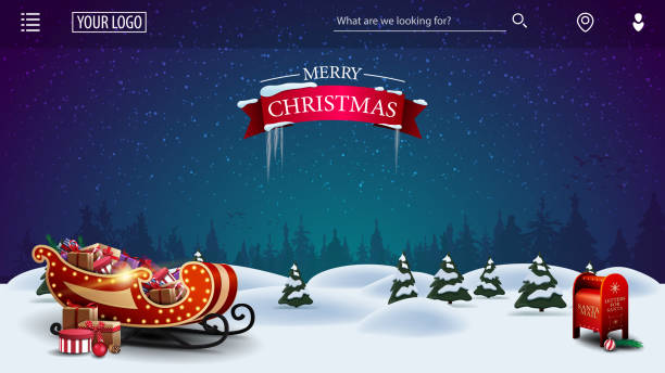 메리 크리스마스, 산타 클로스 레터 박스와 산타 썰매와 만화 밤 겨울 풍경과 당신의 예술을위한 템플릿 - santa stock illustrations