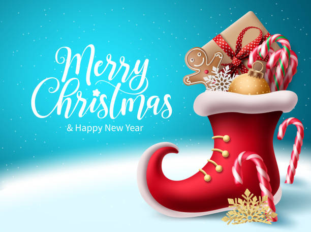 frohe weihnachten vektor hintergrund-design. weihnachtsgruß text mit 3d realistische rote santa schuh - nikolaus stiefel stock-grafiken, -clipart, -cartoons und -symbole