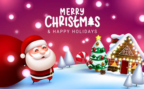 Merry christmas vector design. Merry christmas text with santa claus character walking and holding sack bag in outdoor xmas eve for holiday season. Merry christmas vector design. Merry christmas text with santa claus character walking and holding sack bag in outdoor xmas eve for holiday season. Vector illustration christmas lights house stock illustrations