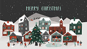 EPS 10 Merry Christmas vector illustration. Snow covered little town.