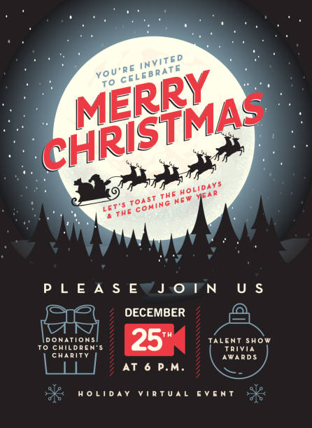 bildbanksillustrationer, clip art samt tecknat material och ikoner med god jul virtual event part inbjudan affisch annons designmall - christmas party