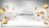 Golden Christmas vector background design with flying gold confetti. Elegant festive decoration gift card or web banner template