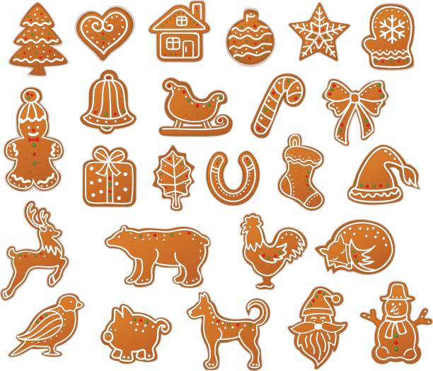 frohe weihnachten winter lebkuchen sammlungssatz - lebkuchen stock-grafiken, -clipart, -cartoons und -symbole