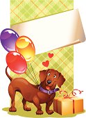 Valentine's Day postcard. Dog with balloons. 