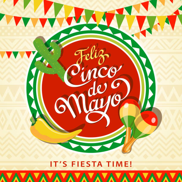 Merry May Fifth Prepare for the fiesta to celebrate the Cinco De Mayo with cactus, bunting, yellow chilie pepper and maracas and Mexican pattern mexican culture stock illustrations