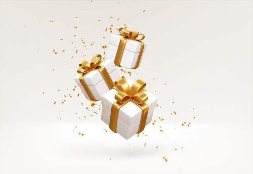 Merry New Year and Merry Christmas 2022 white gift boxes with golden bows and gold sequins confetti on white background. Gift boxes flying and falling. Vector illustration EPS10