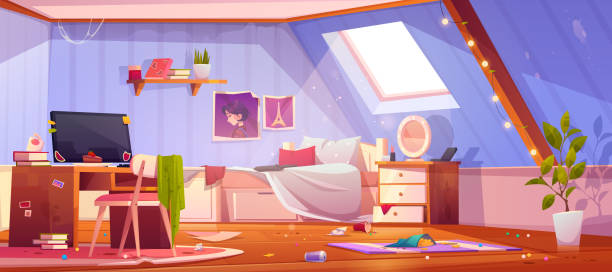 Messy girl bedroom interior on attic Messy girl bedroom on attic. Vector cartoon interior of mansard with dirty furniture and clothes, unmade bed and trash. Teenager room with chaos, unmade bed, mess and clutter bed furniture backgrounds stock illustrations