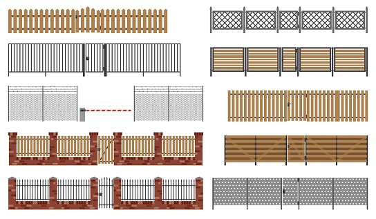 Metal and wooden fences and gates.