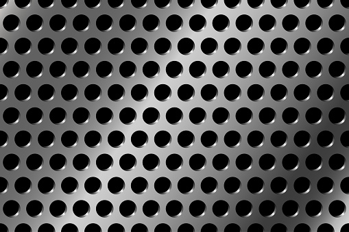 Metal background with round holes. Iron perforated plate. Metallic panel. Vector.