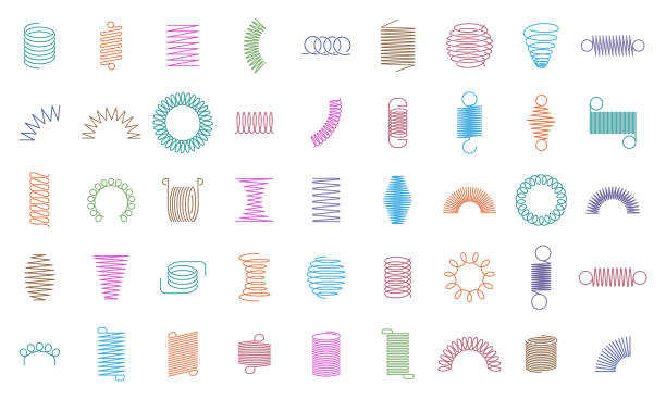 Metal curved spring. Wire springs, mechanical curved steel flexible coils, engineering motor spirals silhouette. Metallic coils icons isolated vector set Spring coils. Metal spiral spring, car motor coil swirls silhouette, wire springs, metallic flexible coils and line steel curved spiral isolated vector icons. color steel helix, suspension symbols spiral stock illustrations